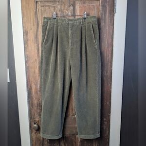 Vintage 90s Olive Corduroy Pants Pleated Cuffed Academia Relaxed Fit | 35" Waist